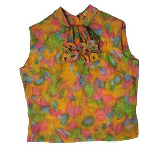 Vintage 1960s Elite Watercolor Floral Blouse Loop Fringe Collar Mod Psychedelic